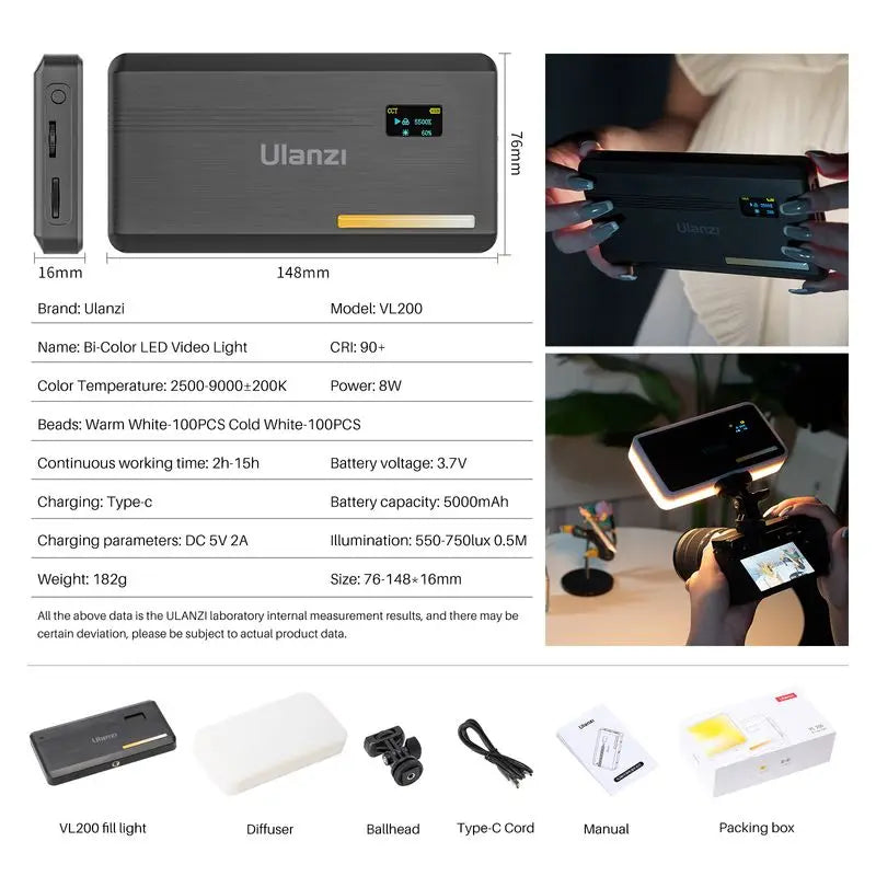 إضاءة فيديو احترافية VIJIM Ulanzi VL200 – مع ناشر إضاءة ناعم | بطارية 5000mAh | إضاءة قابلة للتعديل 2500K-9000K