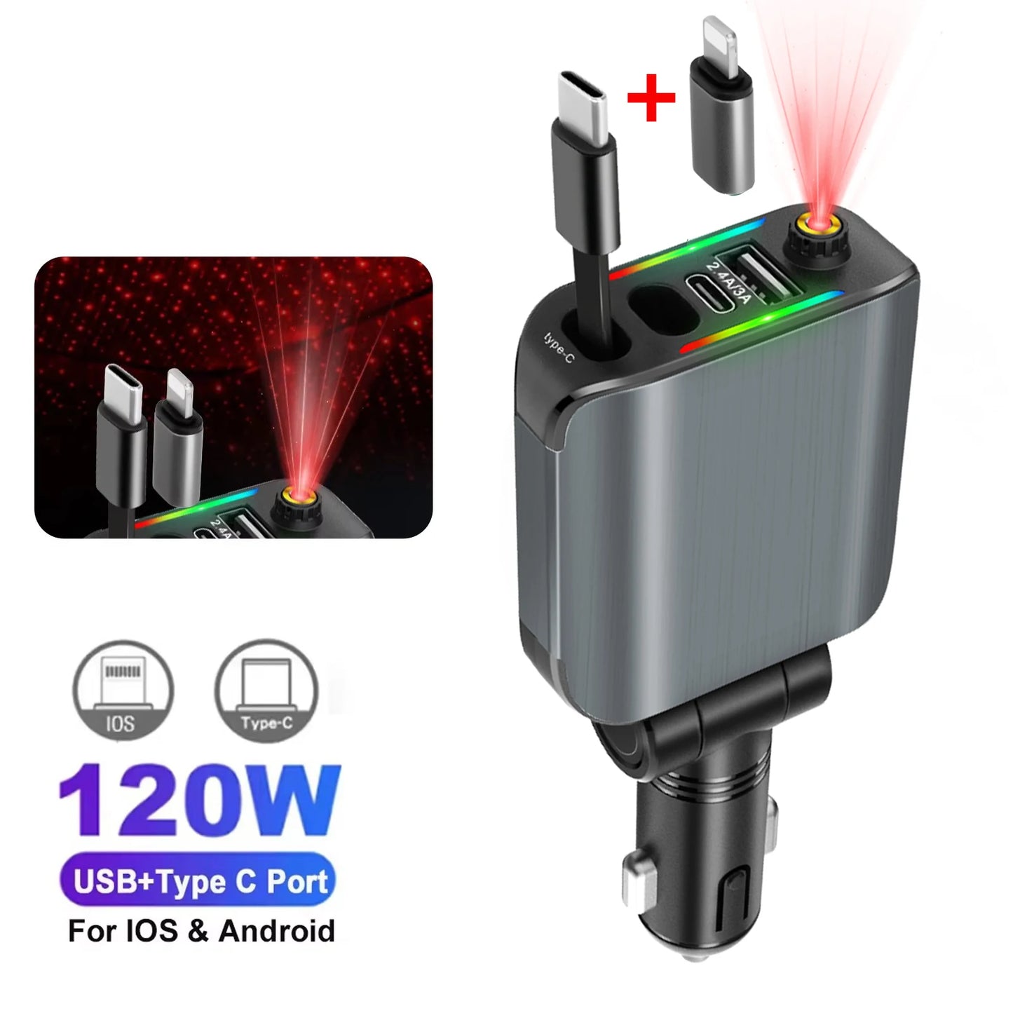 شاحن سيارة 4 في 1 سريع PD30W بمنفذ USB-C وقابل للسحب مع ضوء نجوم للسقف