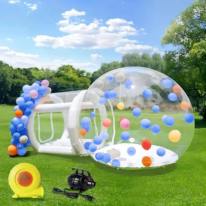 خيمة فقاعية شفافة قابلة للنفخ (Bubble House) بمقاسات 8.2 قدم / 10 قدم مع منفاخ هوائي – قبة هوائية مقاومة للماء للمنازل، الحدائق، والم