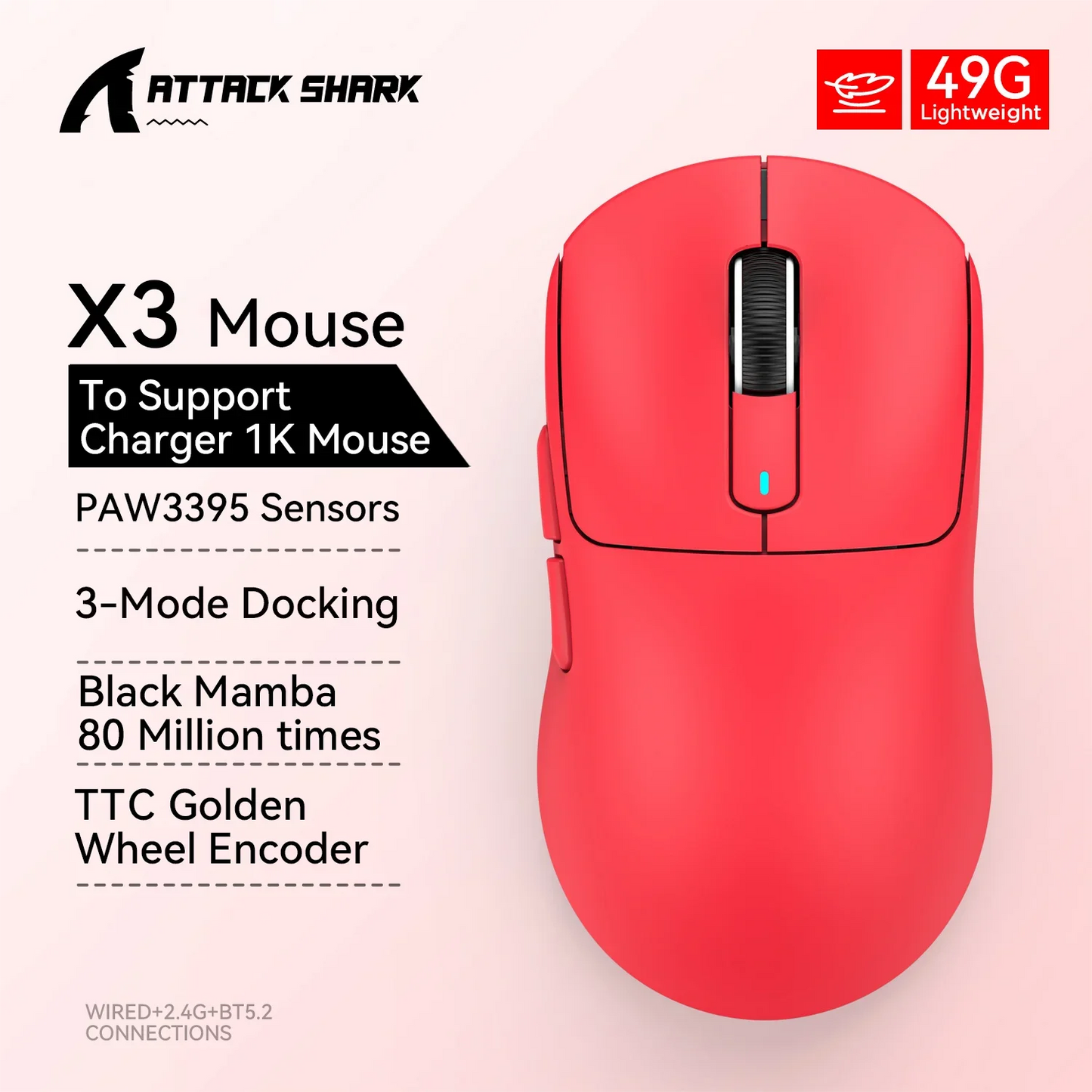 ماوس X3 خفيف جداً 49g – ثلاثي الاتصال، مزود بحساس PixArt PAW3395، دقة 26000DPI، للألعاب الاحترافية