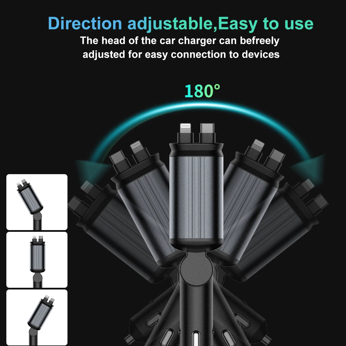 شاحن سيارة 4 في 1 سريع PD30W بمنفذ USB-C وقابل للسحب مع ضوء نجوم للسقف