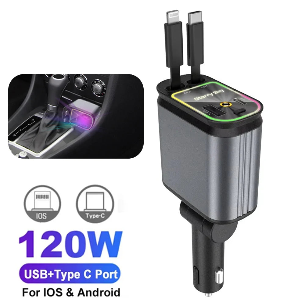 شاحن سيارة 4 في 1 سريع PD30W بمنفذ USB-C وقابل للسحب مع ضوء نجوم للسقف