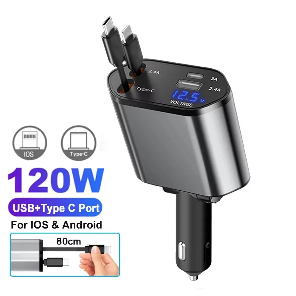 شاحن سيارة 4 في 1 سريع PD30W بمنفذ USB-C وقابل للسحب مع ضوء نجوم للسقف