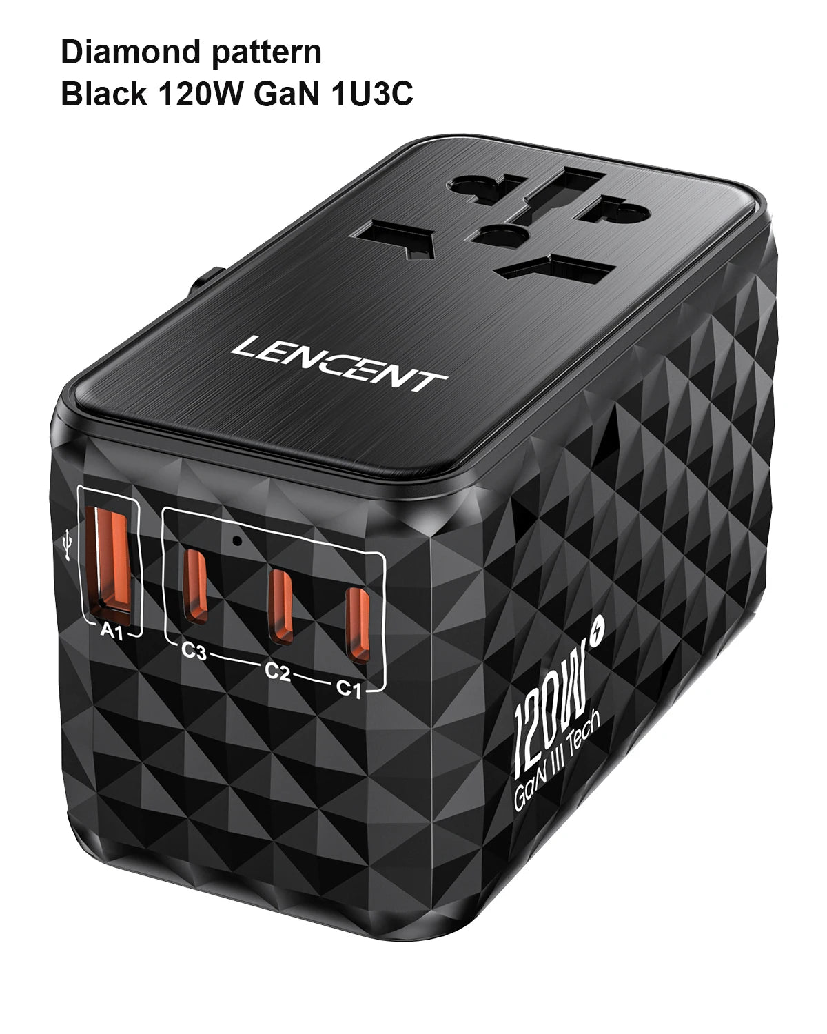 محول سفر عالمي LENCENT 120W GaN – شحن سريع مع 1 USB-A و3 منافذ Type-C