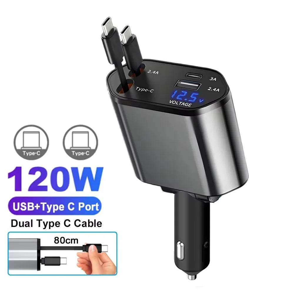 شاحن سيارة 4 في 1 سريع PD30W بمنفذ USB-C وقابل للسحب مع ضوء نجوم للسقف