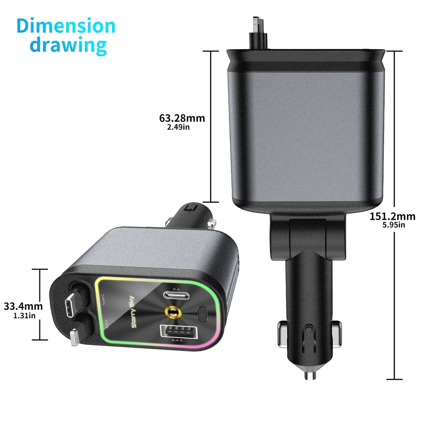 شاحن سيارة 4 في 1 سريع PD30W بمنفذ USB-C وقابل للسحب مع ضوء نجوم للسقف