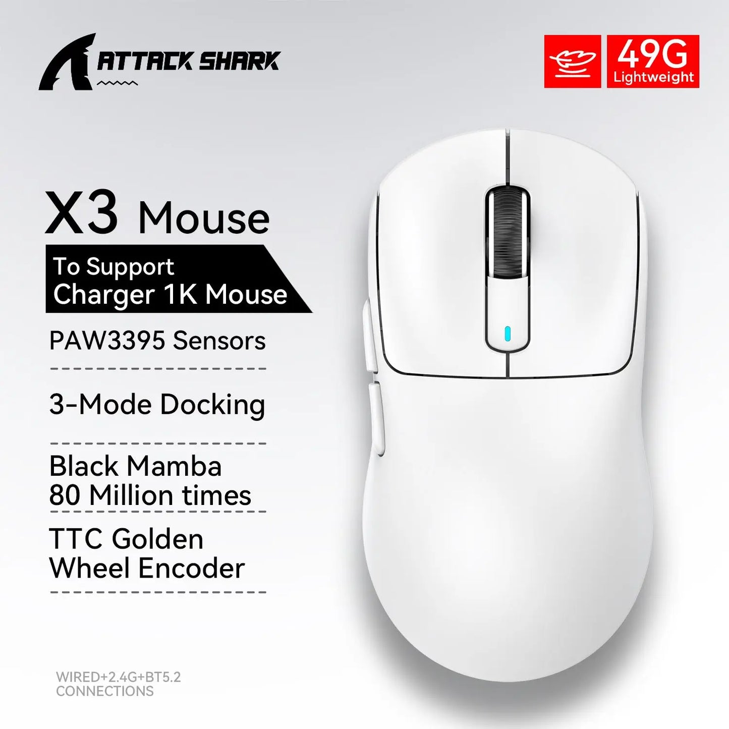 ماوس Attack Shark X3 / X3 Pro لاسلكي – خفيف، 3 أوضاع اتصال، حساس PAW3395 بدقة 26K DPI، متوافق مع أغلب الأنظمة