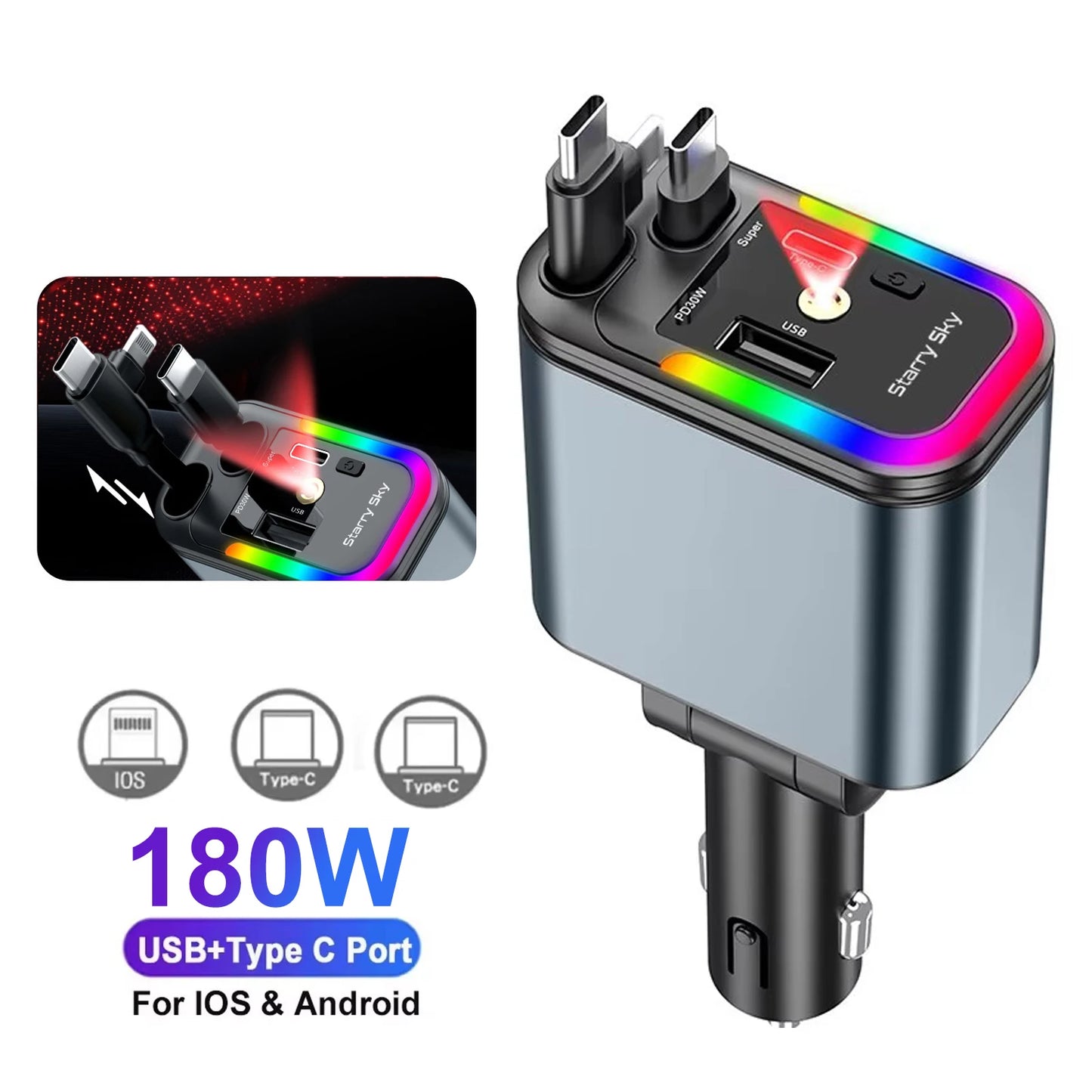 شاحن سيارة 4 في 1 سريع PD30W بمنفذ USB-C وقابل للسحب مع ضوء نجوم للسقف