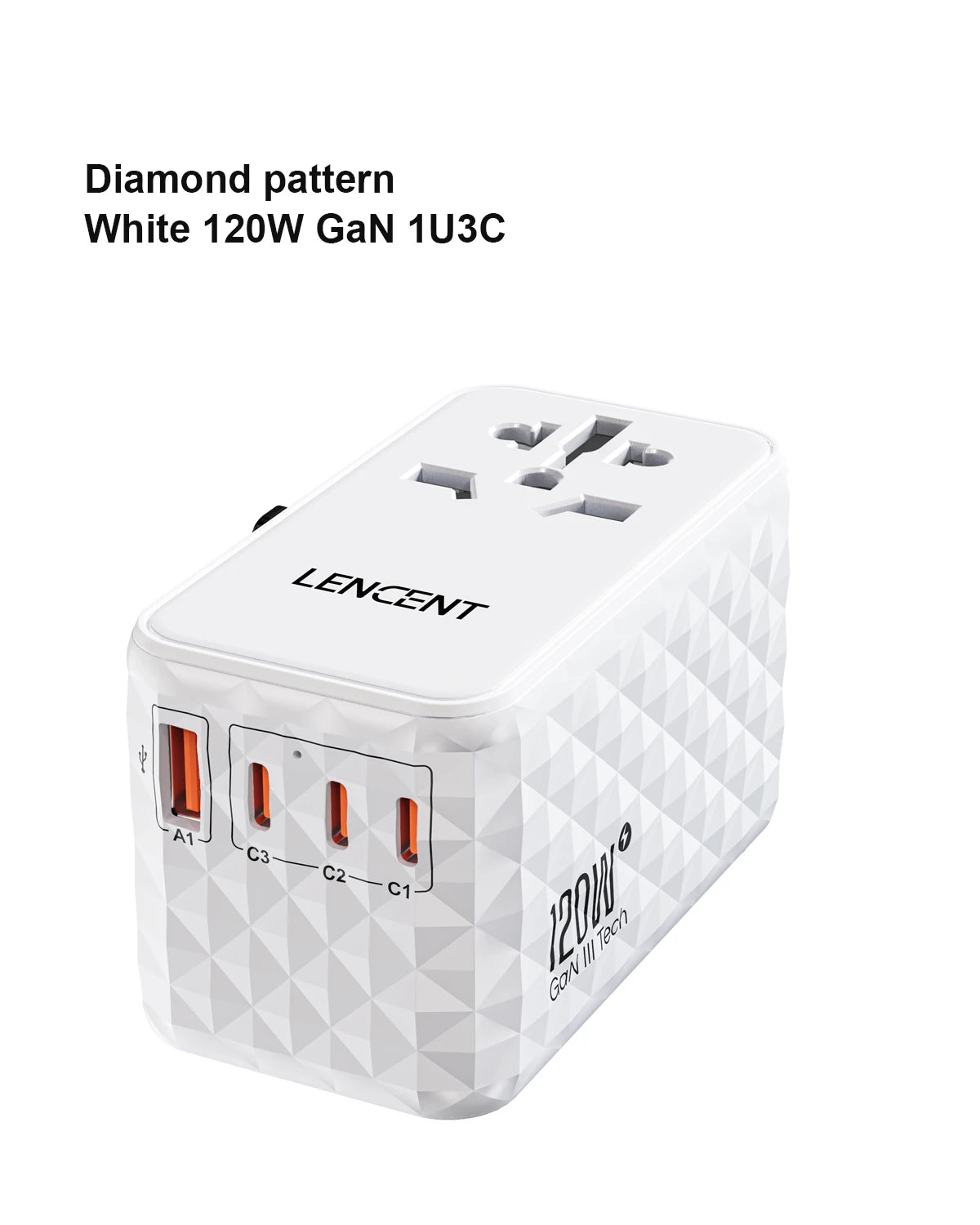 محول سفر عالمي LENCENT 120W GaN – شحن سريع مع 1 USB-A و3 منافذ Type-C