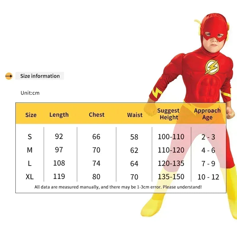 زي فلاش سوبرهيرو للأطفال – بدلة كاملة مع عضلات بارزة