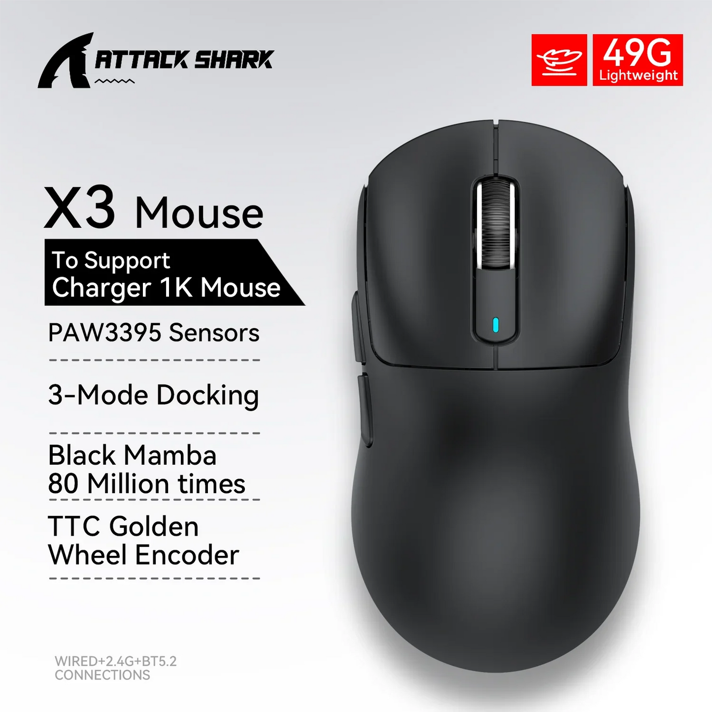 ماوس X3 خفيف جداً 49g – ثلاثي الاتصال، مزود بحساس PixArt PAW3395، دقة 26000DPI، للألعاب الاحترافية
