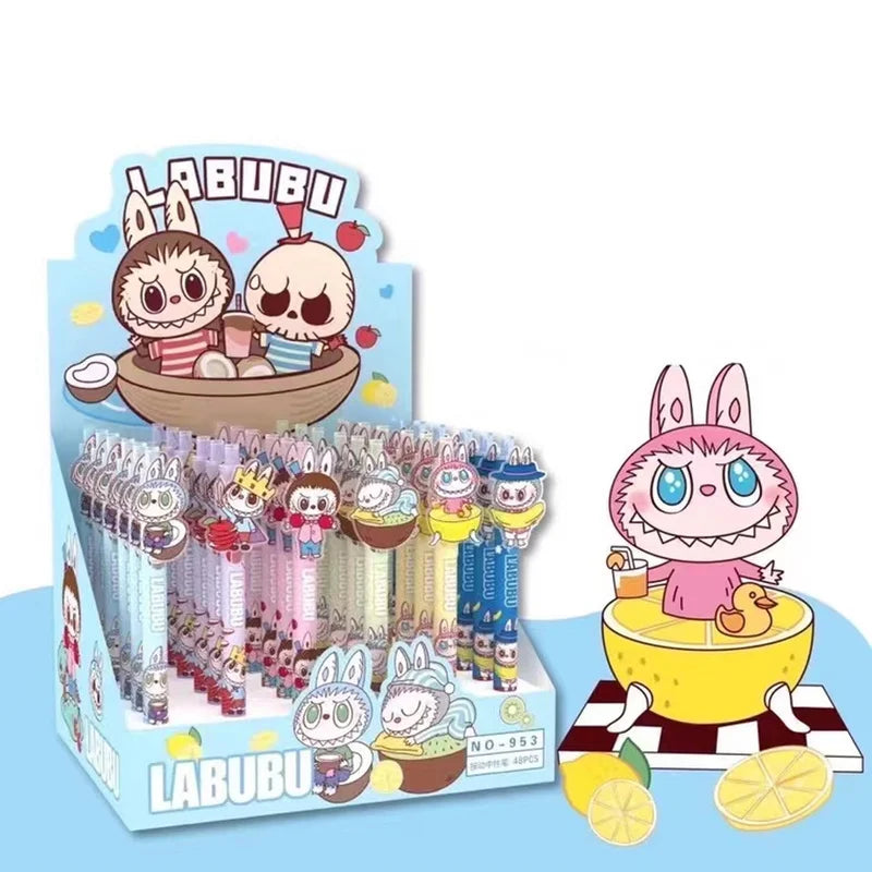 طقم أقلام جل Labubu – 48 قلم من سلسلة "Prohibit Anxiety" الكرتونية، تصميم كاوايي، حبر أسود 0.5 ملم