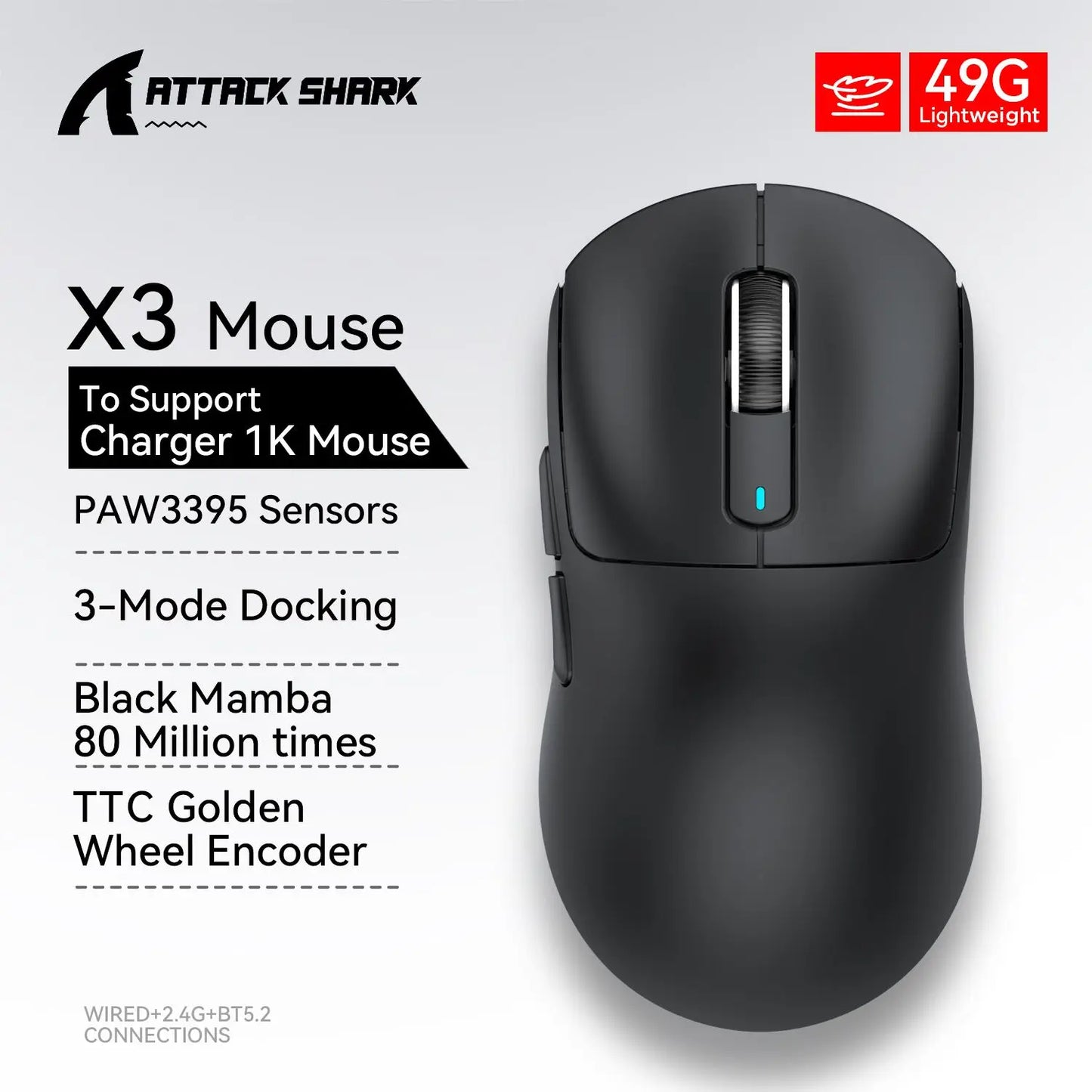 ماوس Attack Shark X3 / X3 Pro لاسلكي – خفيف، 3 أوضاع اتصال، حساس PAW3395 بدقة 26K DPI، متوافق مع أغلب الأنظمة