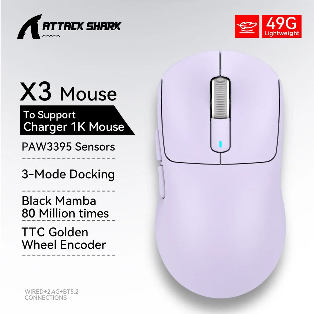 ماوس Attack Shark X3 / X3 Pro لاسلكي – خفيف، 3 أوضاع اتصال، حساس PAW3395 بدقة 26K DPI، متوافق مع أغلب الأنظمة