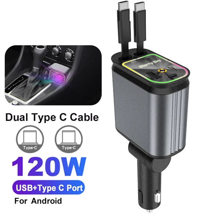 شاحن سيارة 4 في 1 سريع PD30W بمنفذ USB-C وقابل للسحب مع ضوء نجوم للسقف