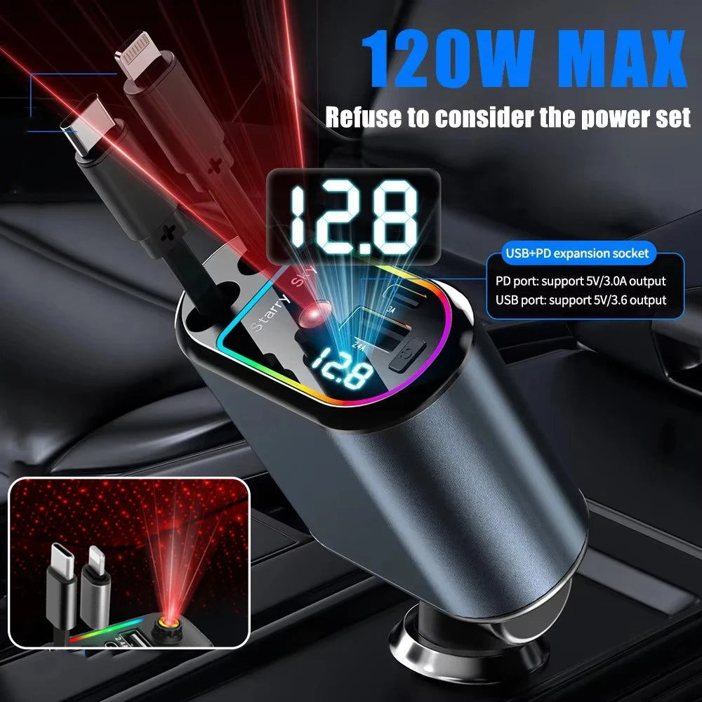 شاحن سيارة 4 في 1 سريع PD30W بمنفذ USB-C وقابل للسحب مع ضوء نجوم للسقف