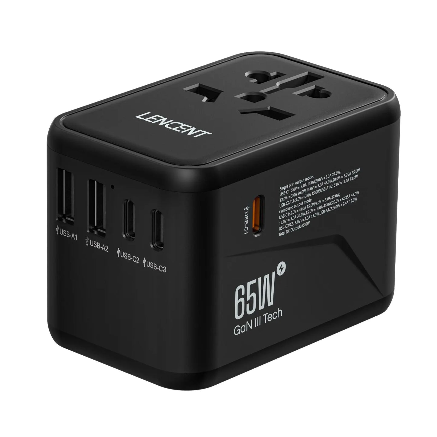محول سفر عالمي LENCENT GaN بقوة 65W / 100W – شحن سريع ومنافذ متعددة