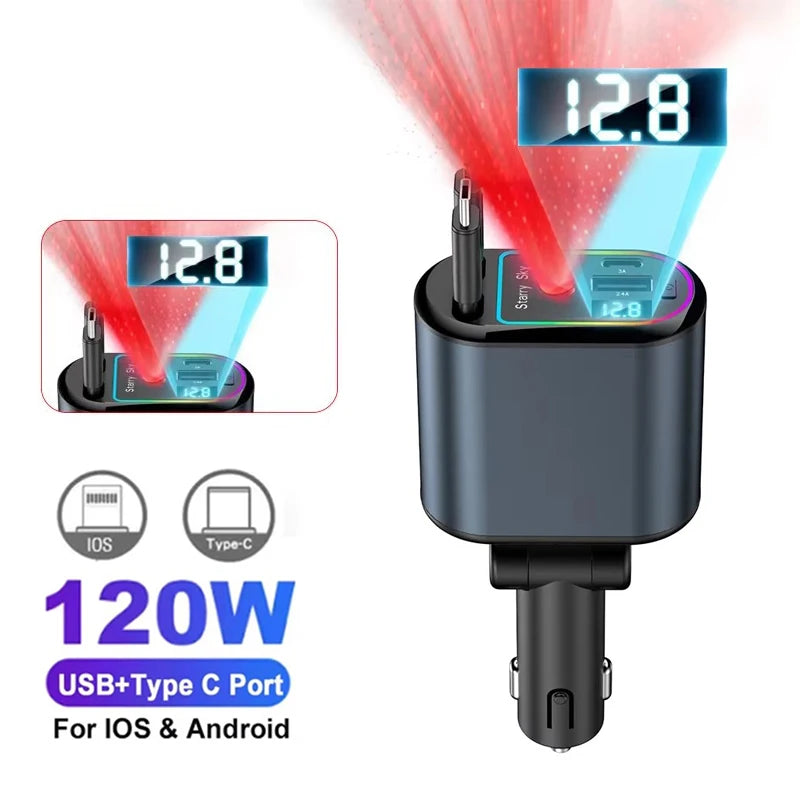 شاحن سيارة 4 في 1 سريع PD30W بمنفذ USB-C وقابل للسحب مع ضوء نجوم للسقف