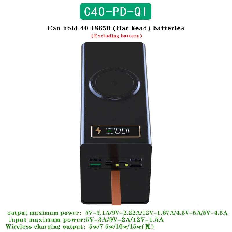 علبة باور بانك بسعة 40 بطارية 18650 – شحن سريع 22.5 واط PD + شاشة رقمية + شحن لاسلكي + إضاءة مدمجة