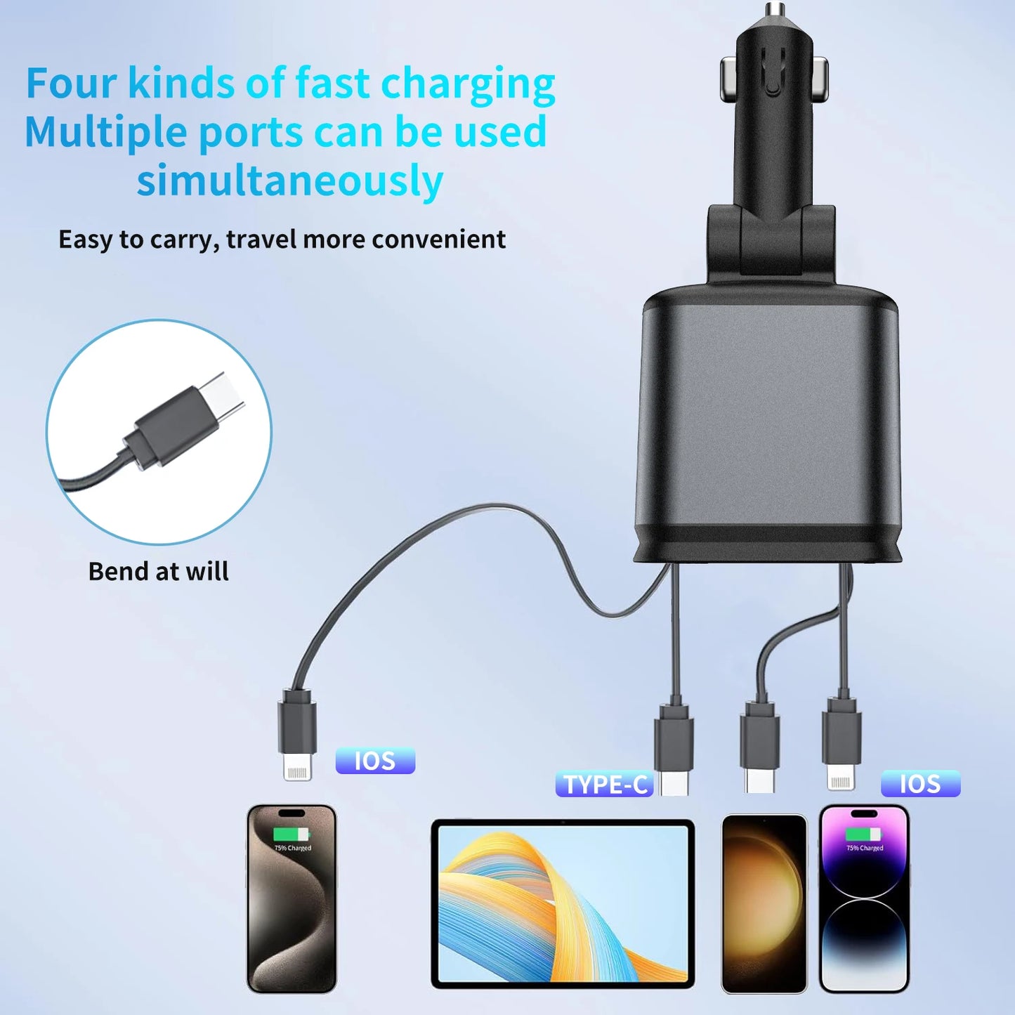 شاحن سيارة 4 في 1 سريع PD30W بمنفذ USB-C وقابل للسحب مع ضوء نجوم للسقف