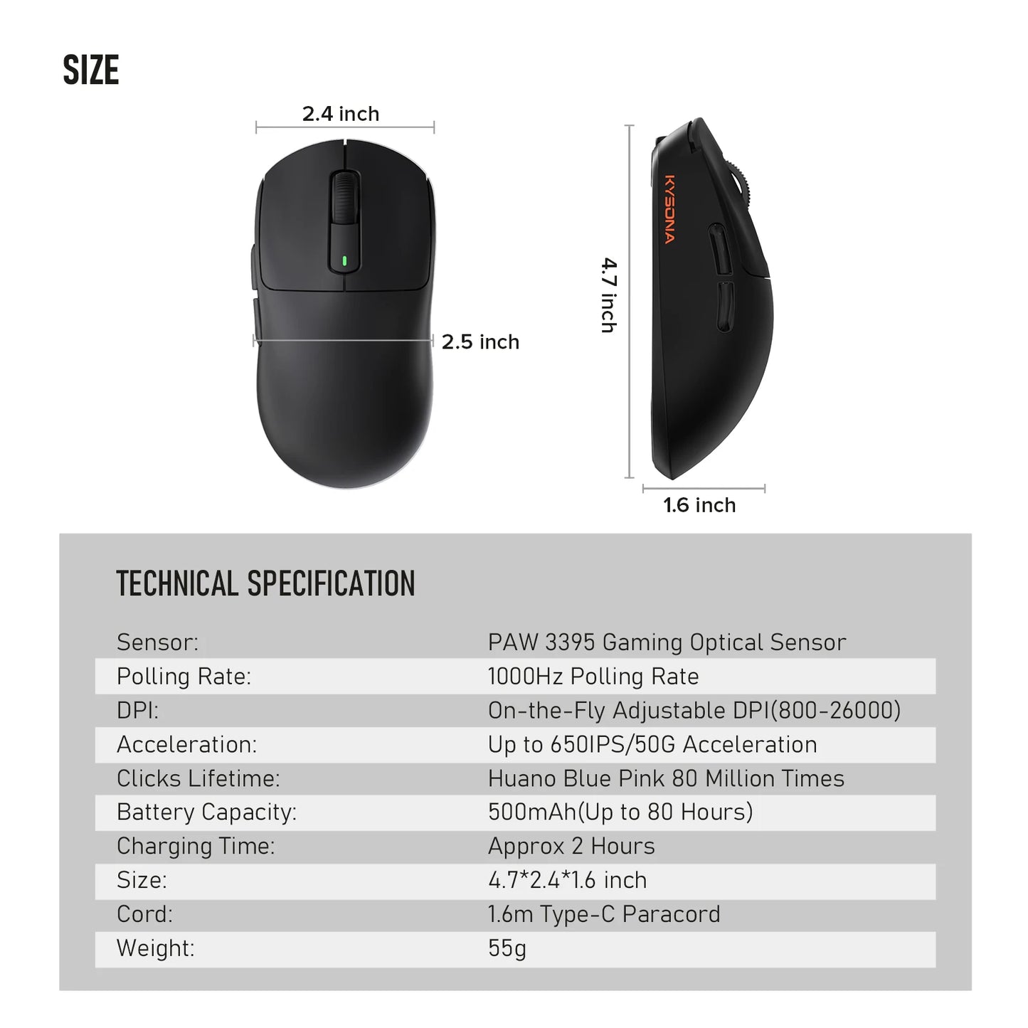 ماوس ألعاب Kysona M600 لاسلكي – خفيف 55g، حساس PAW3395 بدقة 26000DPI، 6 أزرار، مثالي للكمبيوتر واللابتوب