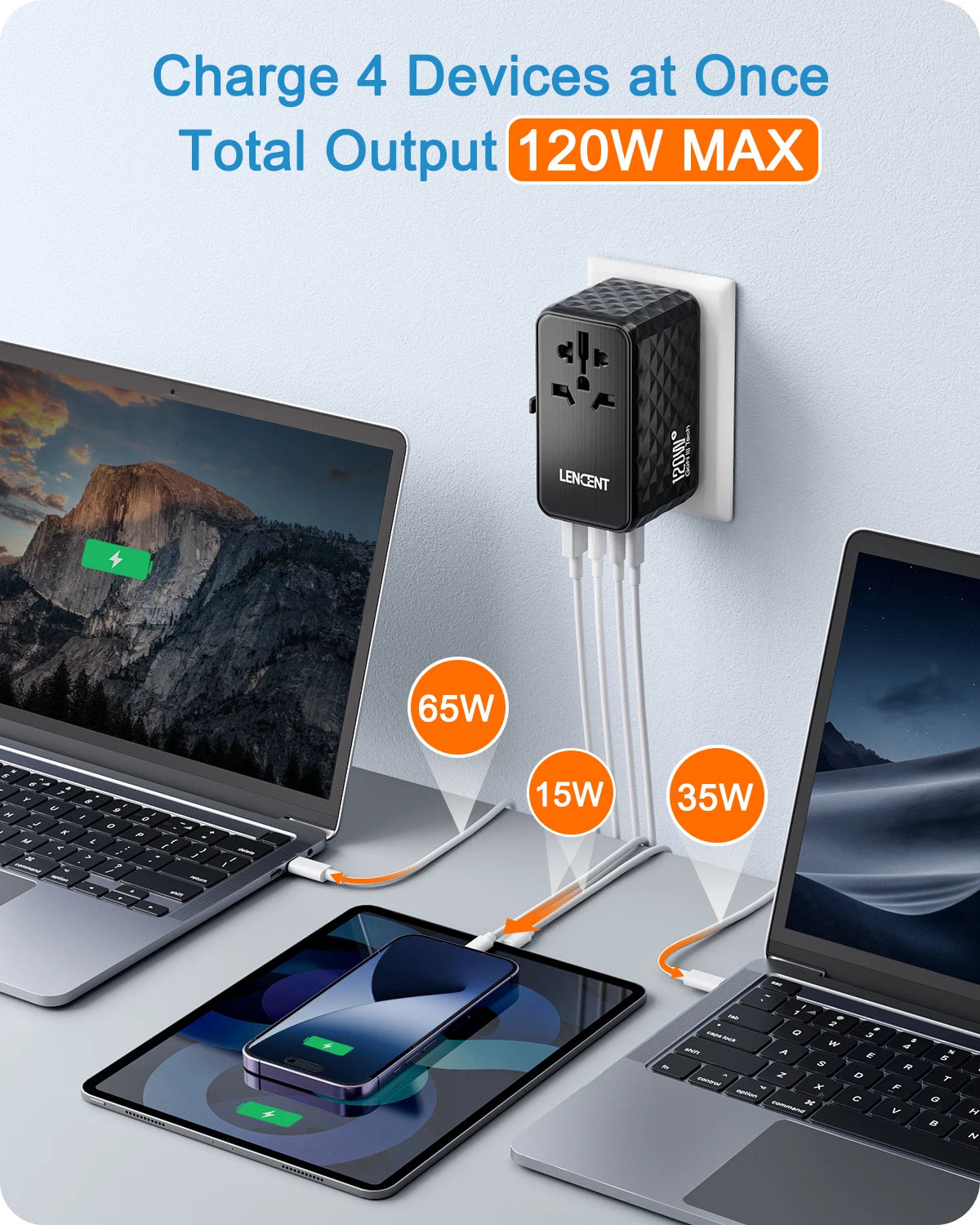 محول سفر عالمي LENCENT 120W GaN – شحن سريع مع 1 USB-A و3 منافذ Type-C