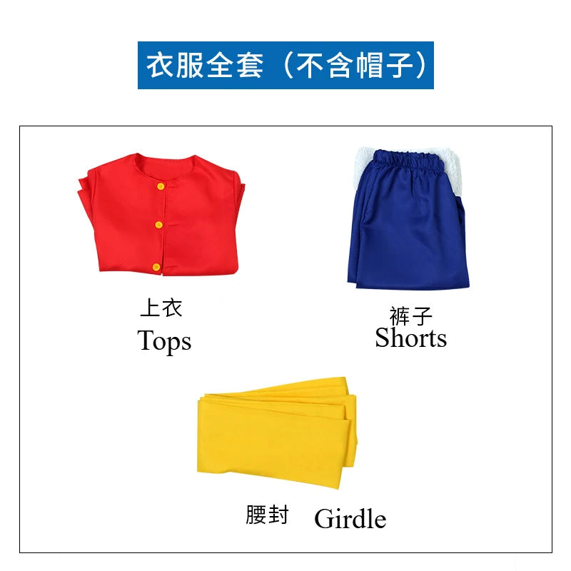 زي تنكري لشخصية مونكي دي لوفي – من أنمي ون بيس | طقم كامل للكبار والأطفال يشمل القميص، البنطال، وقبعة القش