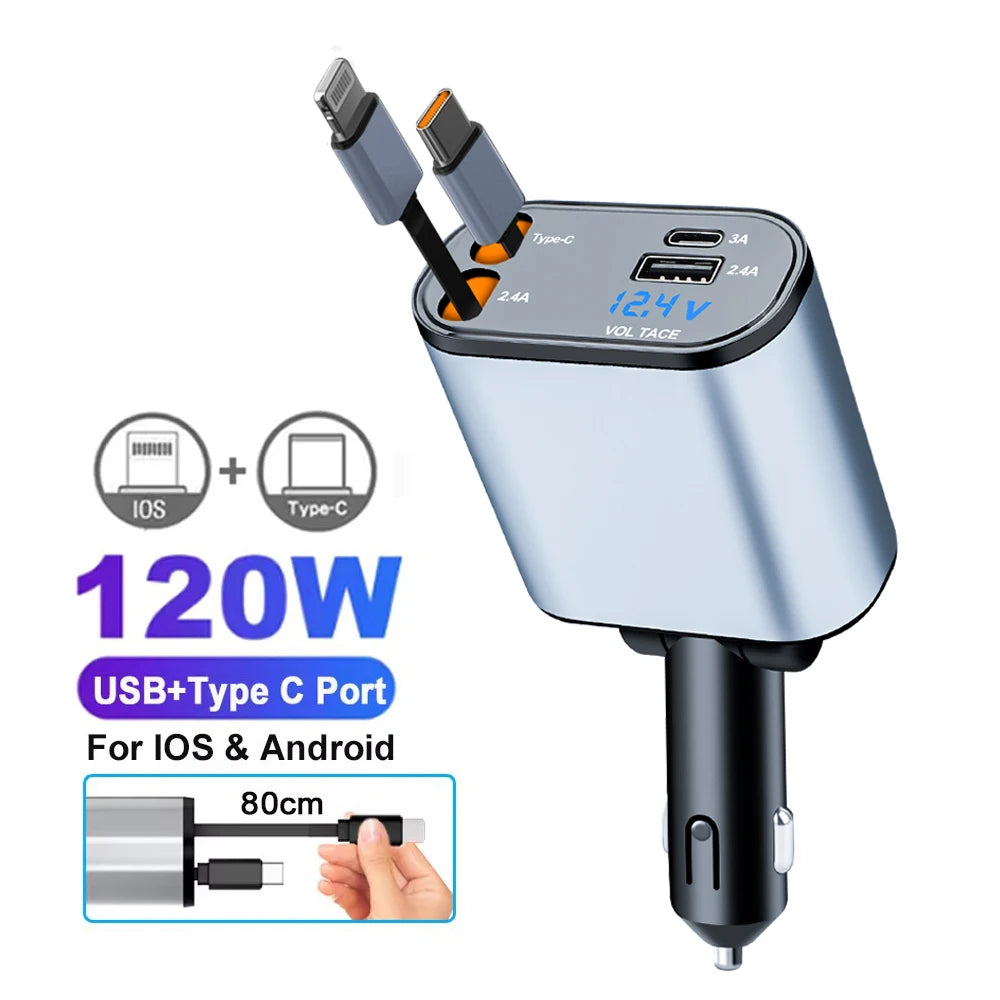 شاحن سيارة 4 في 1 سريع PD30W بمنفذ USB-C وقابل للسحب مع ضوء نجوم للسقف
