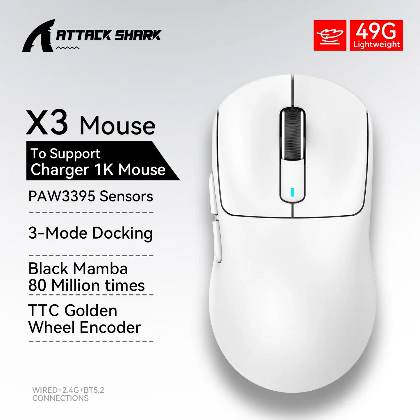 ماوس X3 خفيف جداً 49g – ثلاثي الاتصال، مزود بحساس PixArt PAW3395، دقة 26000DPI، للألعاب الاحترافية
