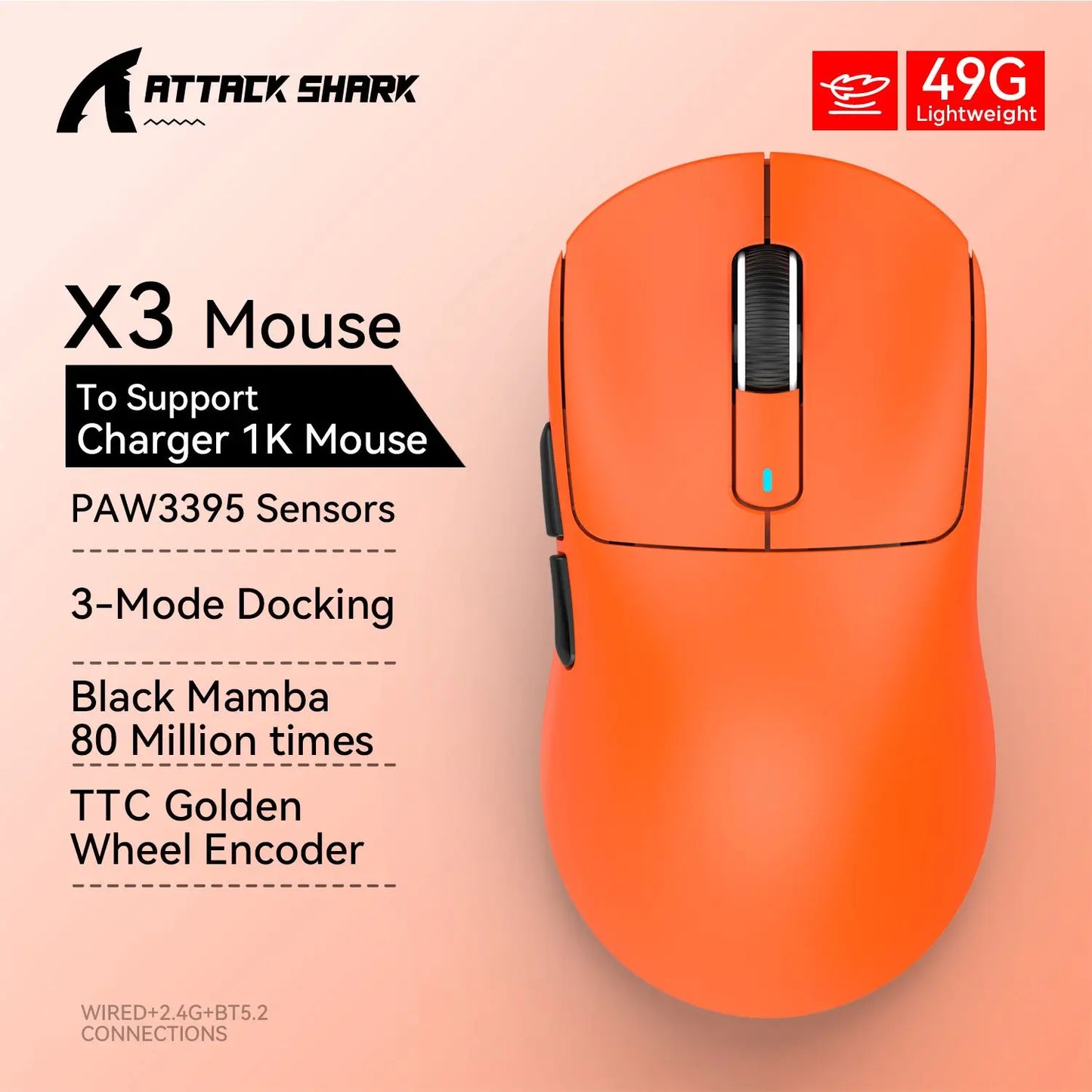 ماوس Attack Shark X3 / X3 Pro لاسلكي – خفيف، 3 أوضاع اتصال، حساس PAW3395 بدقة 26K DPI، متوافق مع أغلب الأنظمة
