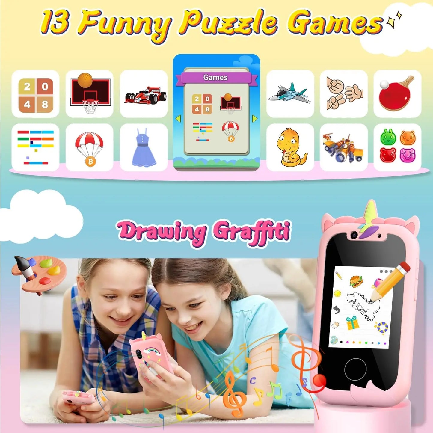 هاتف تعليمي للأطفال بتصميم يونيكورن – مع موسيقى وكاميرا سيلفي وغطاء سيليكون ناعم | لعبة ترفيهية وتعليمية للرضّع