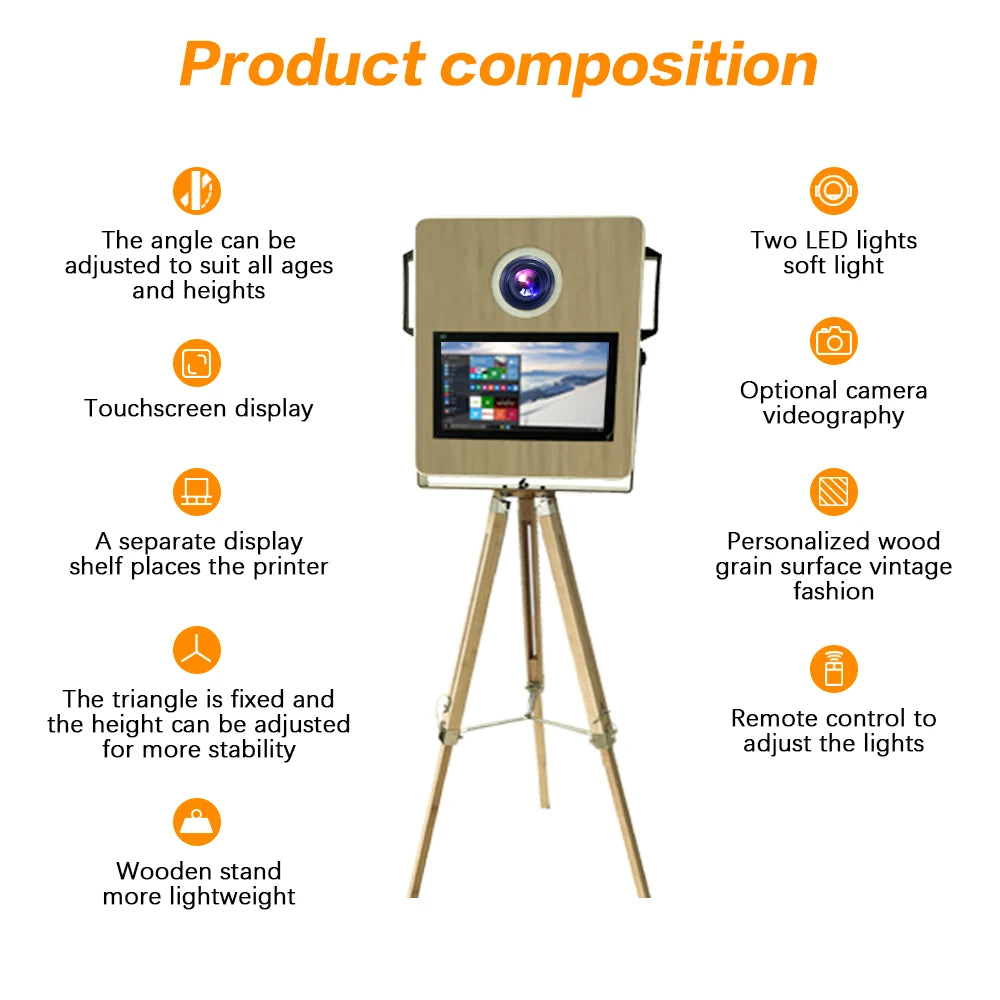كشك تصوير فوتوبوث محمول بطابع خشبي كلاسيكي – مع طابعة وكاميرا DSLR (توصيل من مستودع أوروبا)