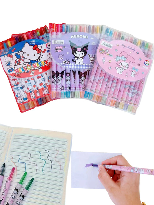 مجموعة ألوان شمع دوّارة كرتونية – هيلو كيتي، سينامورول، ميلودي، كورومي – 12 لون للرسم والتلوين