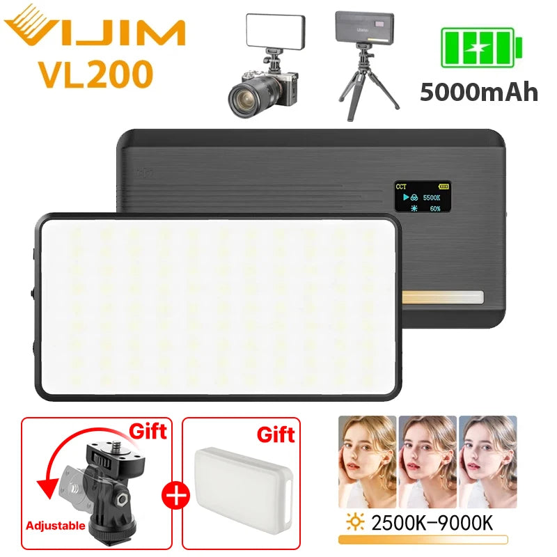 إضاءة فيديو احترافية VIJIM Ulanzi VL200 – مع ناشر إضاءة ناعم | بطارية 5000mAh | إضاءة قابلة للتعديل 2500K-9000K