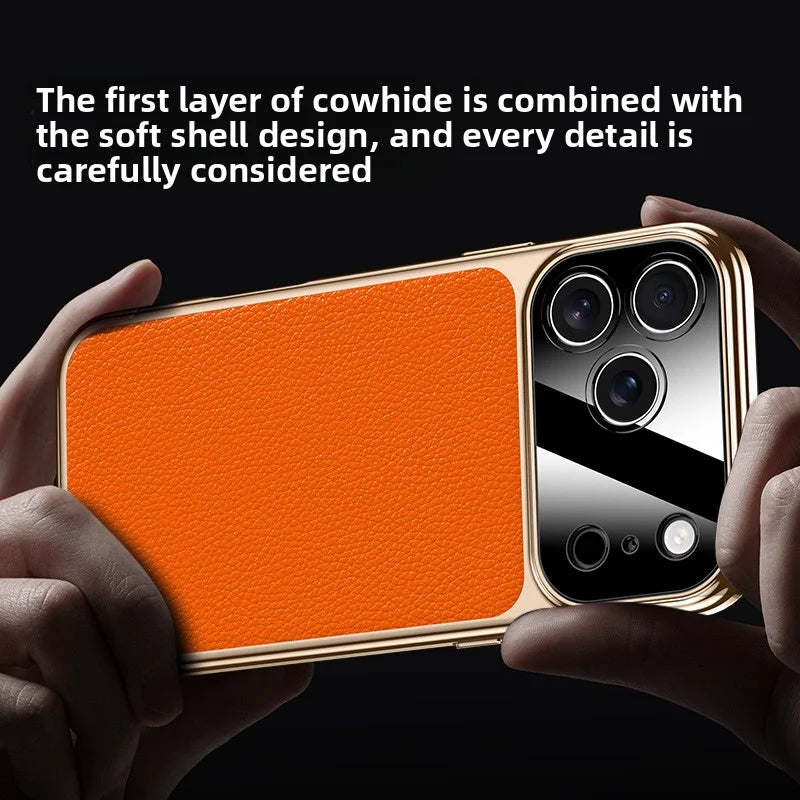 كفر آيفون 17 برو ماكس جلد طبيعي فاخر بنقشة الليتشي – حماية عدسة وصدمات بتصميم راقٍ