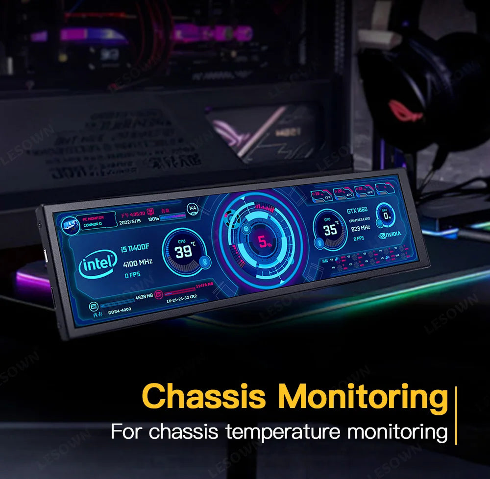 شاشة LESOWN طويلة بتقنية IPS – شاشة ثانوية 8.8 إنش بدقة 1920×480 | عرض معلومات النظام، درجة الحرارة، ومراقبة AIDA64