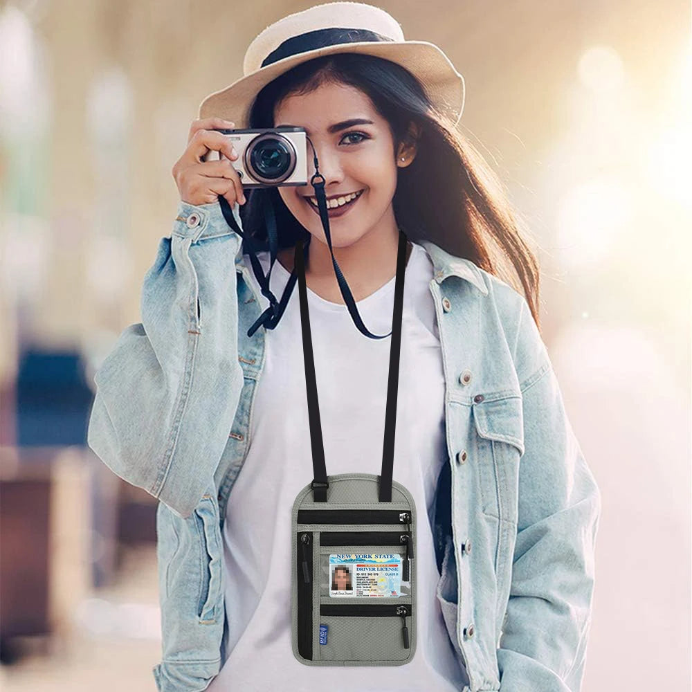 محفظة رقبة للسفر مع حماية RFID – لحفظ الجوازات والوثائق بأمان للرجال والنساء