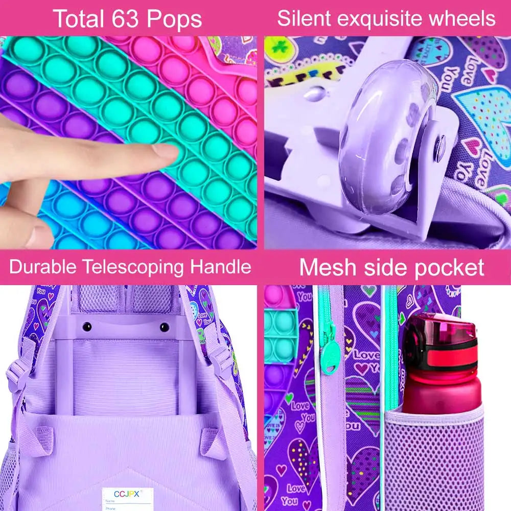 حقيبة مدرسية بعجلات للأطفال مع حقيبة غداء – تصميم يونيكورن وردي (3 قطع)