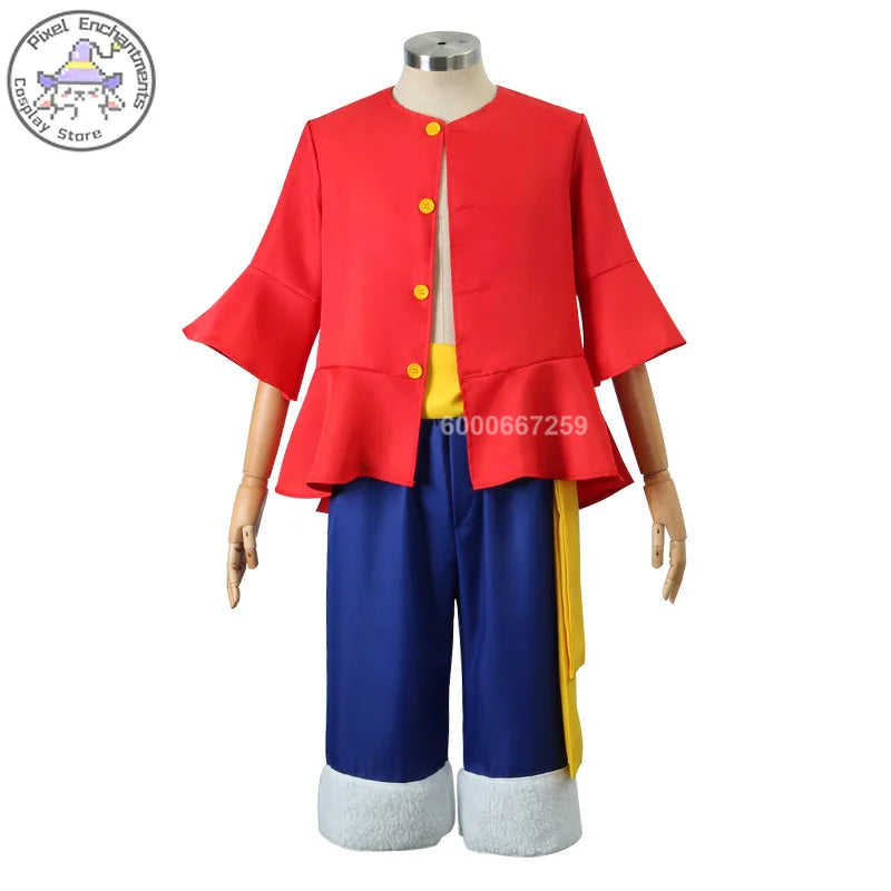 زي تنكري لشخصية مونكي دي لوفي – من أنمي ون بيس | طقم كامل للكبار والأطفال يشمل القميص، البنطال، وقبعة القش