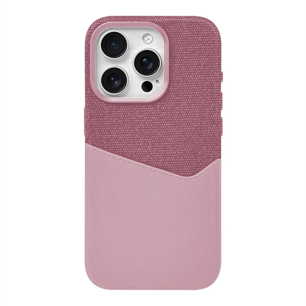 كفر آيفون جلد PU بنقشة Flax مع جيب بطاقات وألوان متباينة – دعم MagSafe وحماية عدسة معدنية