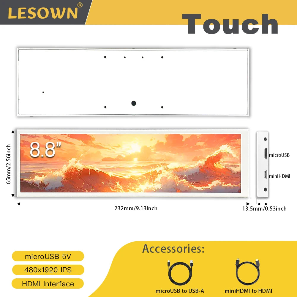 شاشة LESOWN طويلة بتقنية IPS – شاشة ثانوية 8.8 إنش بدقة 1920×480 | عرض معلومات النظام، درجة الحرارة، ومراقبة AIDA64