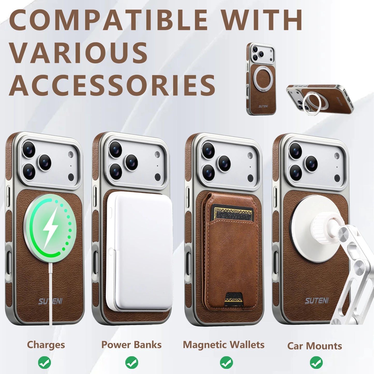 كفر آيفون جلدي مغناطيسي مع حامل دوّار 360° – دعم MagSafe والشحن اللاسلكي