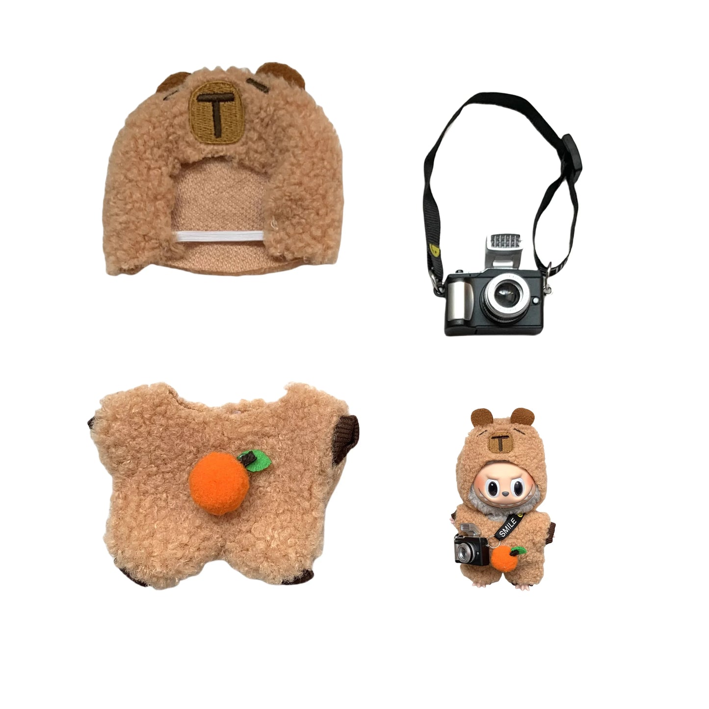 طقم لابوبو 15-17 سم – تيشيرت + بنطلون + ربطة شعر + شنطة | إكسسوارات كيوت للدمى – DIY ستايل