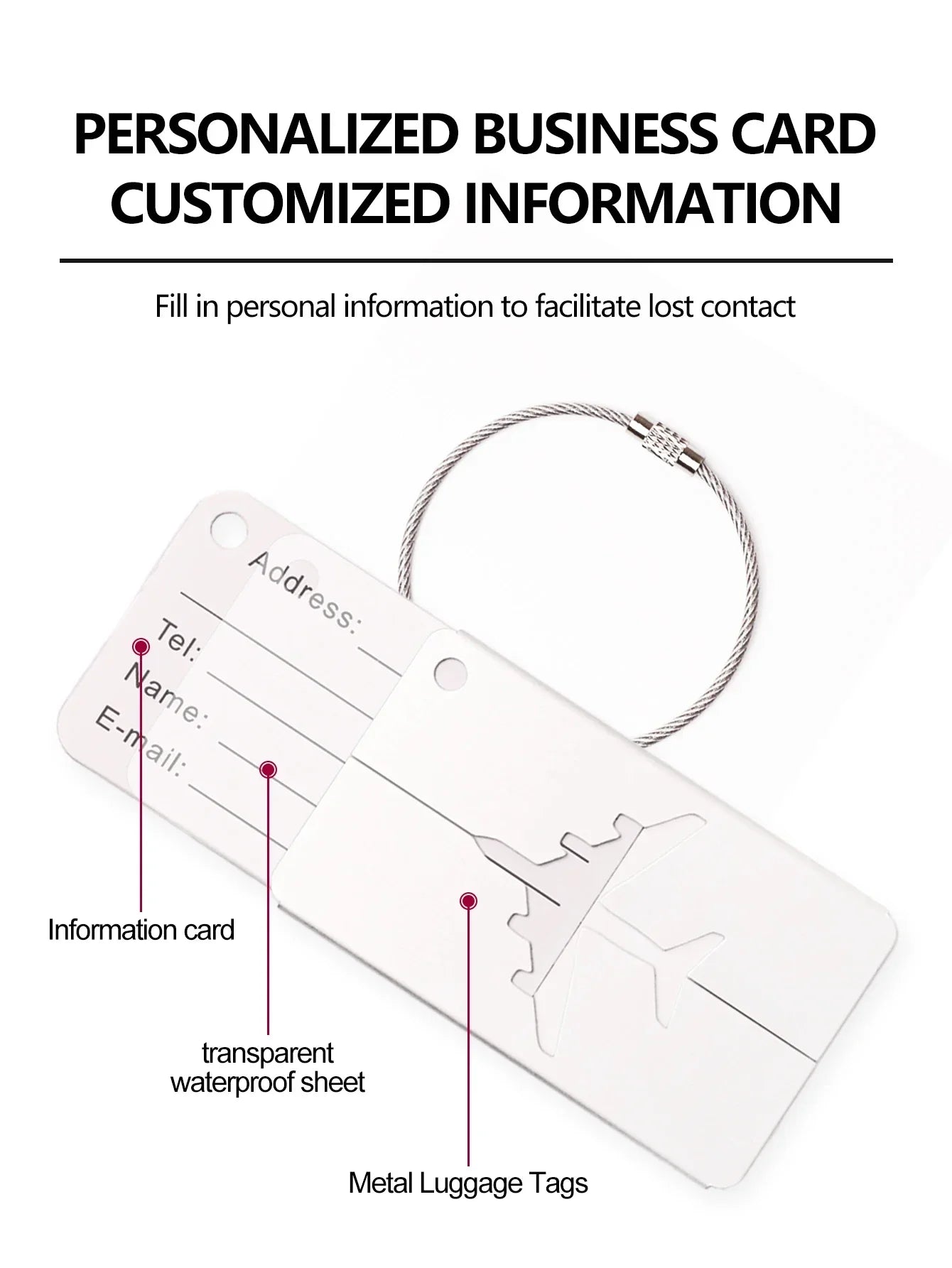 بطاقة تعريف للحقائب من الألمنيوم – أنيقة، متينة، ومناسبة للسفر