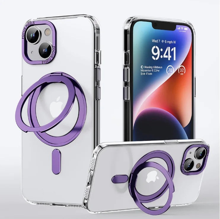 كفر آيفون مغناطيسي مع حامل دوّار 360° وقاعدة قابلة للطي – أزرار معدنية فاخرة ودعم MagSafe