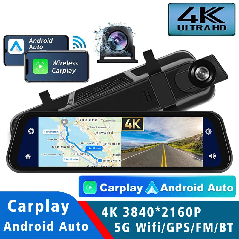 كاميرا مراية للسيارة بدقة 4K – مع GPS وCarPlay وAndroid Auto