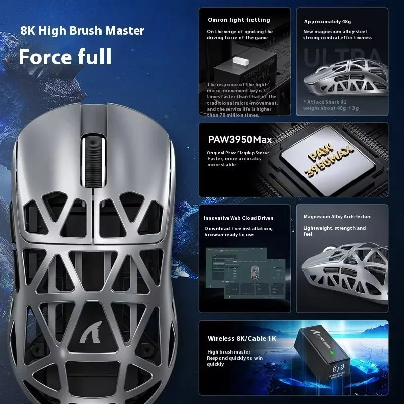 ماوس Attack Shark R2 لاسلكي – هيكل مغنيسيوم خفيف، حساس PAW3950، ثلاث أوضاع اتصال، للألعاب والمكتب