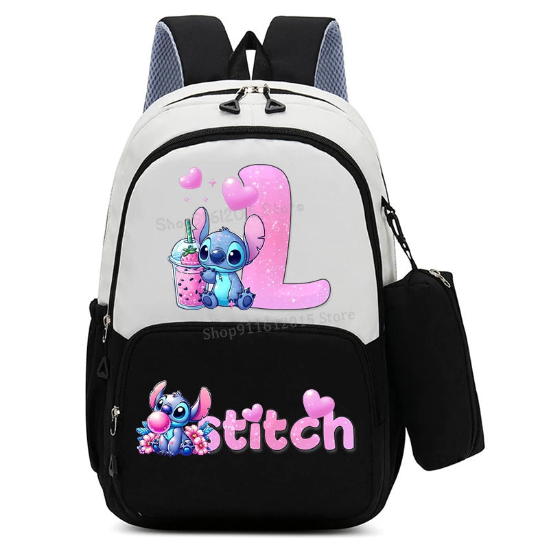 حقيبة ظهر ليلو وستيتش بحروف الأبجدية، حقيبة ظهر عالية السعة للطالبات مع مقلمة، حقيبة مدرسية كرتونية لطيفة، حقيبة أنمي قابل