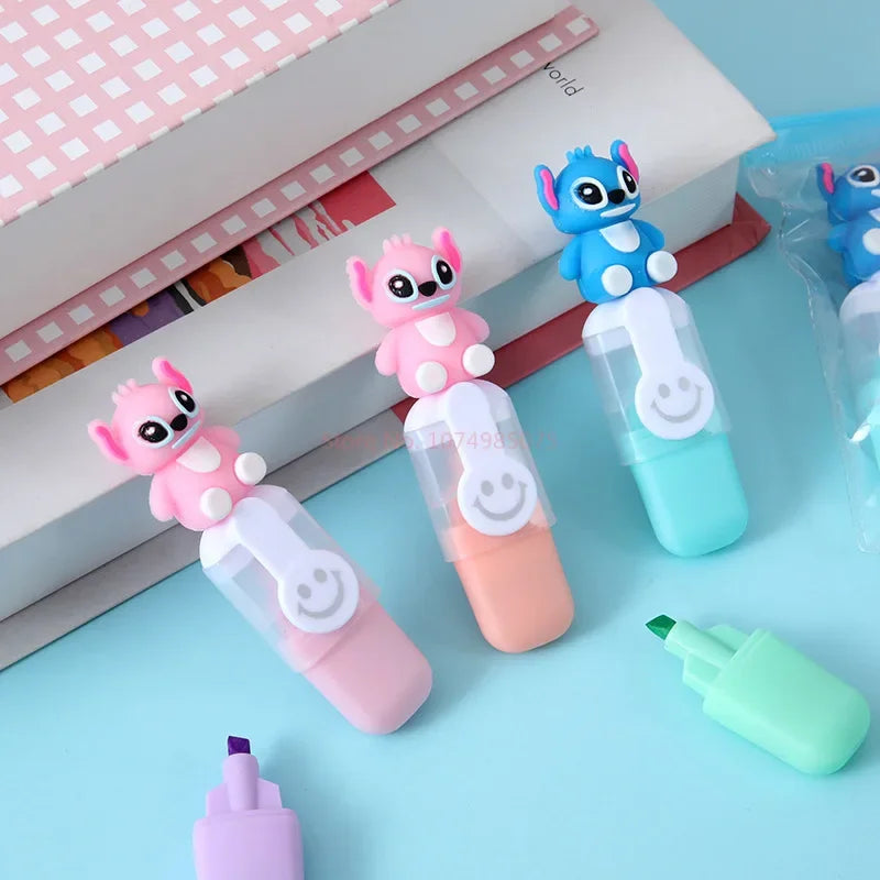 طقم 6 أقلام هايلايتر ستيتش – ماركرز كرتونية ملونة لطيفة ليلو & ستيتش