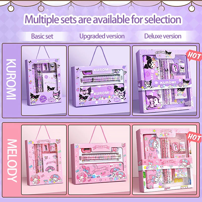 طقم أدوات مدرسية كرتوني كروومي وميلودي مع مقلمة وألوان شمعية ومقص أمان للأطفال – مستلزمات العودة للمدرسة في علبة هدية